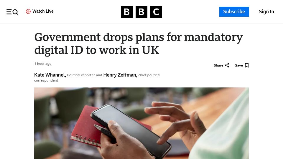 Screenshot of bbc.com: Government drops plans for mandatory digital ID to work in UK