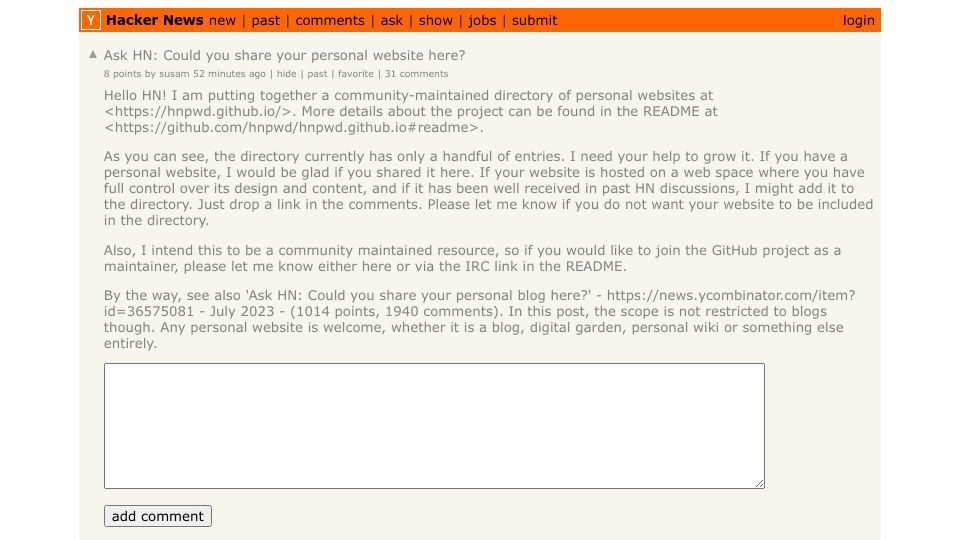 Screenshot of Hacker News post: Ask HN: Share your personal website