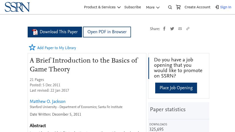 Screenshot of papers.ssrn.com: A Brief Introduction to the Basics of Game Theory