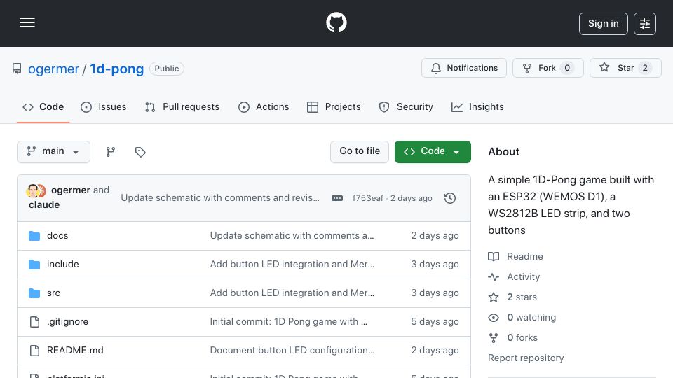 Screenshot of github.com: Show HN: 1D-Pong Game at 39C3