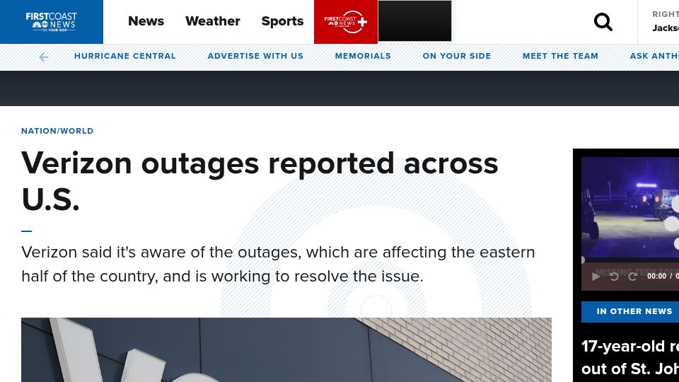 Screenshot of firstcoastnews.com: Verizon outages reported across U.S.