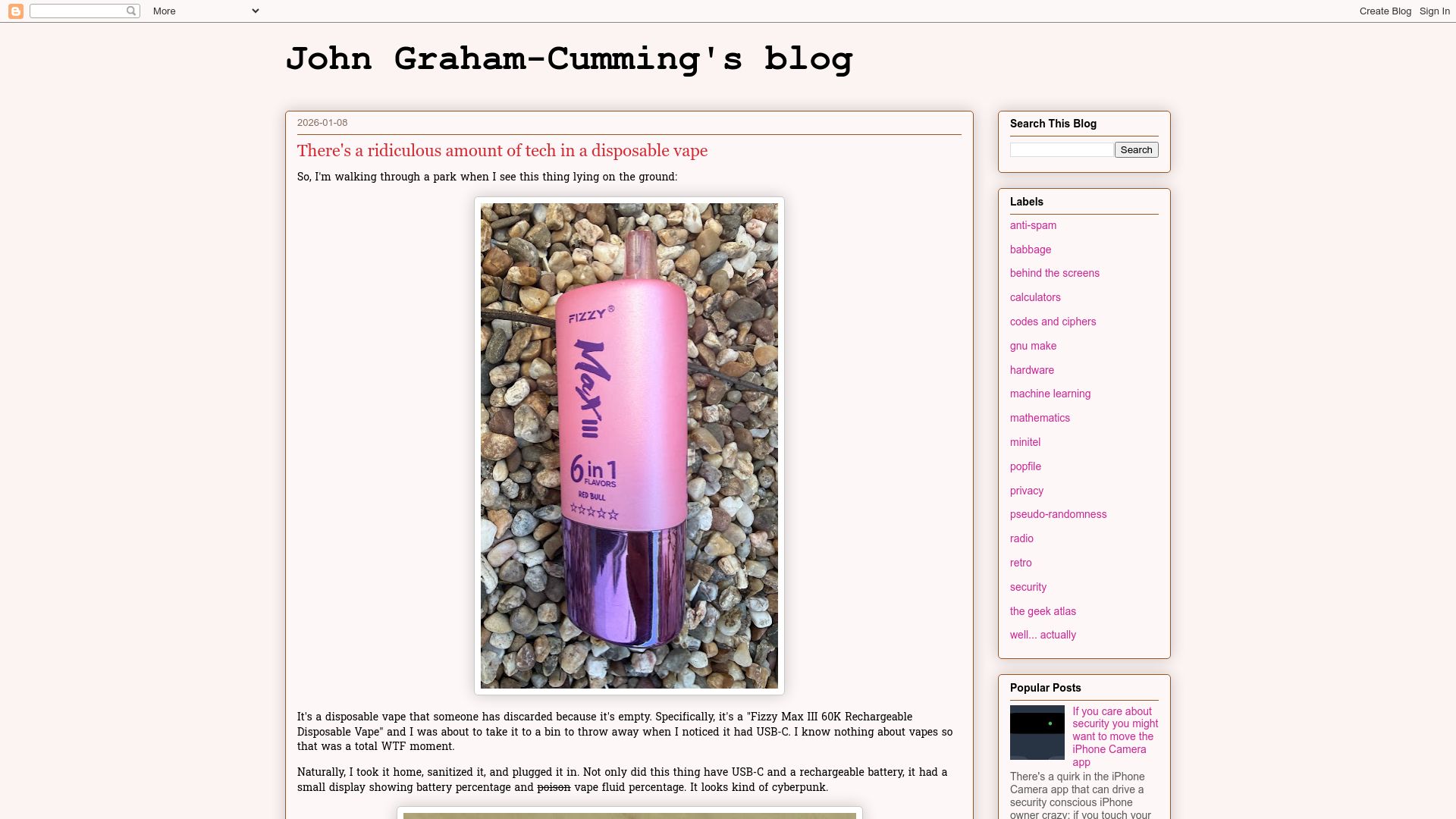 Screenshot of blog.jgc.org: There's a ridiculous amount of tech in a disposable vape