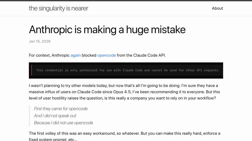 Screenshot of geohot.github.io: Anthropic is making a huge mistake