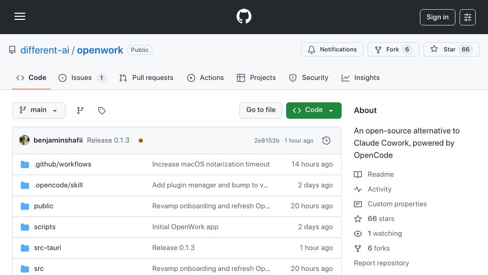 Screenshot of github.com: Show HN: OpenWork – An open-source alternative to Claude Cowork