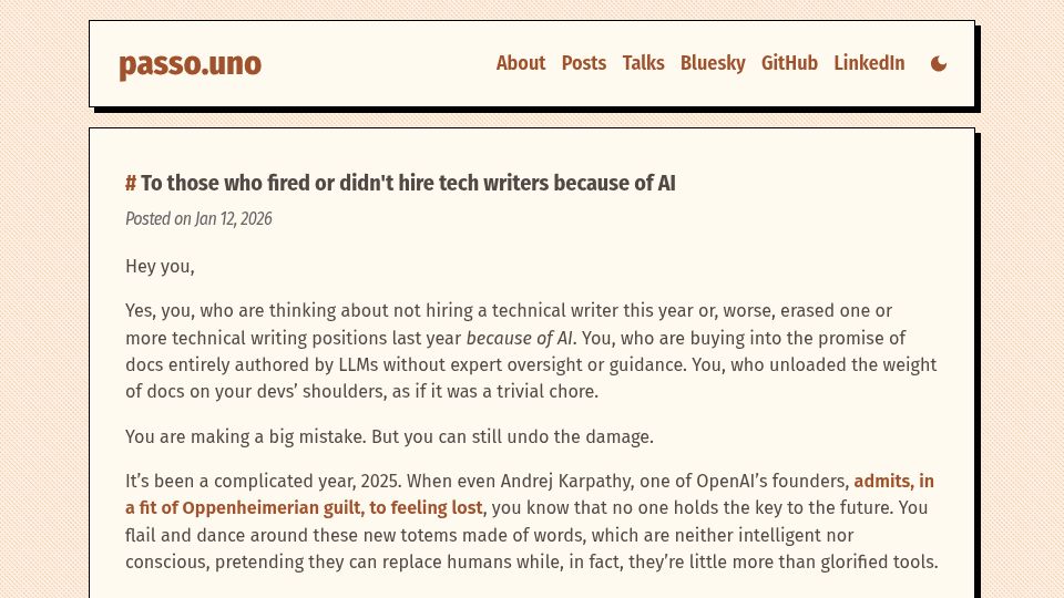 Screenshot of passo.uno: To those who fired or didn't hire tech writers because of AI
