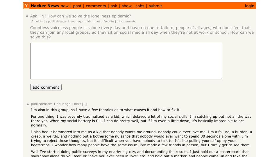 Screenshot of Hacker News post: Ask HN: How can we solve the loneliness epidemic?