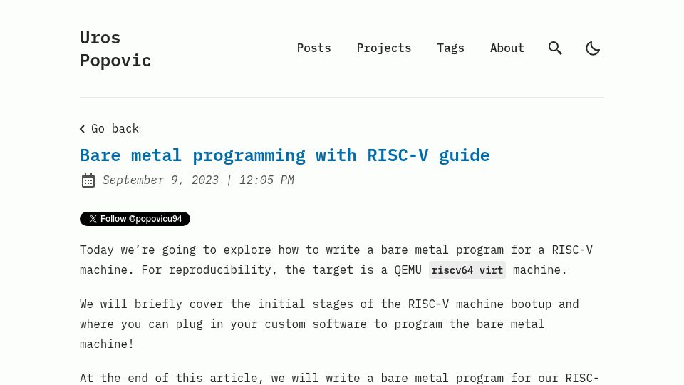 Screenshot of popovicu.com: Bare metal programming with RISC-V guide (2023)