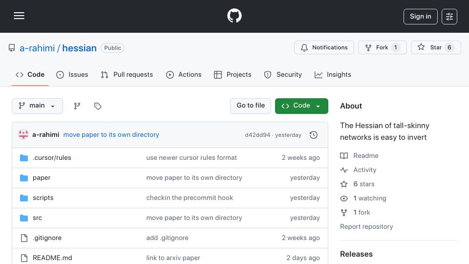 Screenshot of github.com: Show HN: The Hessian of tall-skinny networks is easy to invert