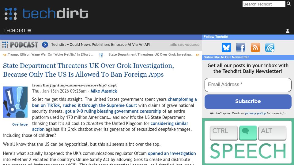 Screenshot of techdirt.com: US Threatens UK over Grok Investigation Because Only the US Can Ban Foreign Apps