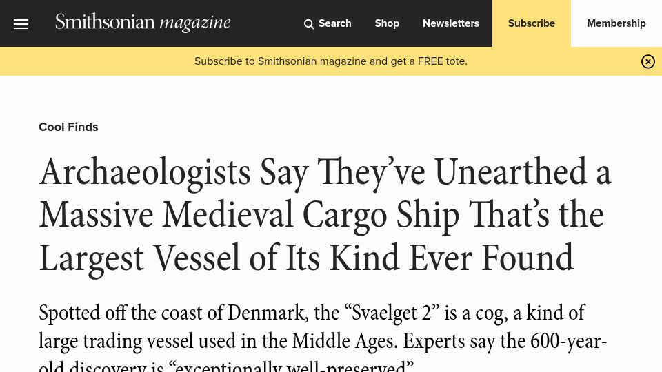 Screenshot of smithsonianmag.com: Found: Medieval Cargo Ship – Largest Vessel of Its Kind Ever