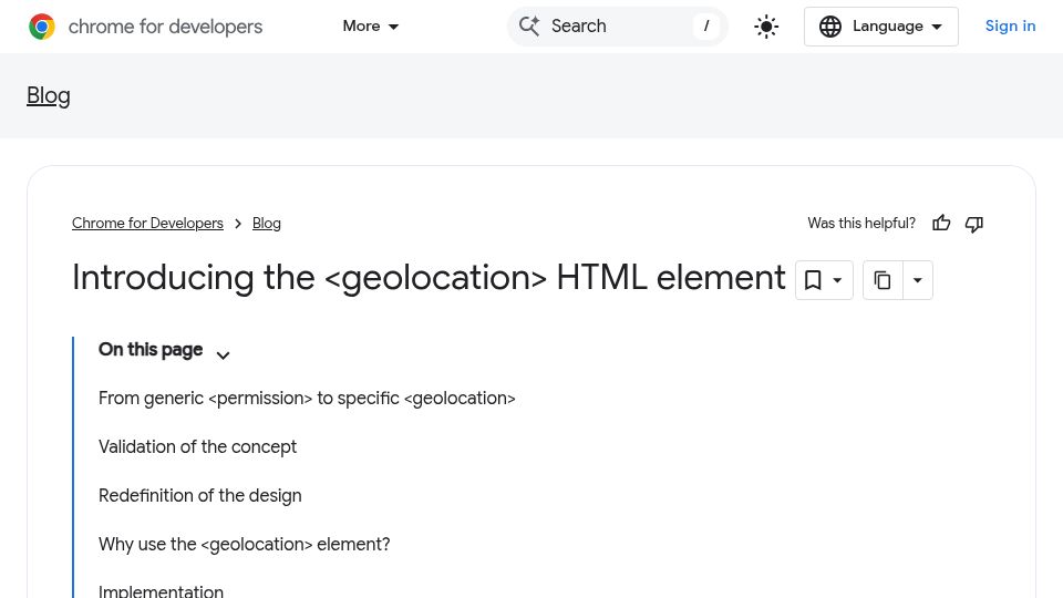 Screenshot of developer.chrome.com: The <Geolocation> HTML Element