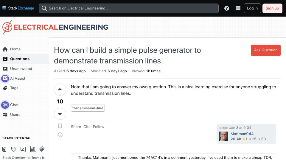 Screenshot of electronics.stackexchange.com: How can I build a simple pulse generator to demonstrate transmission lines