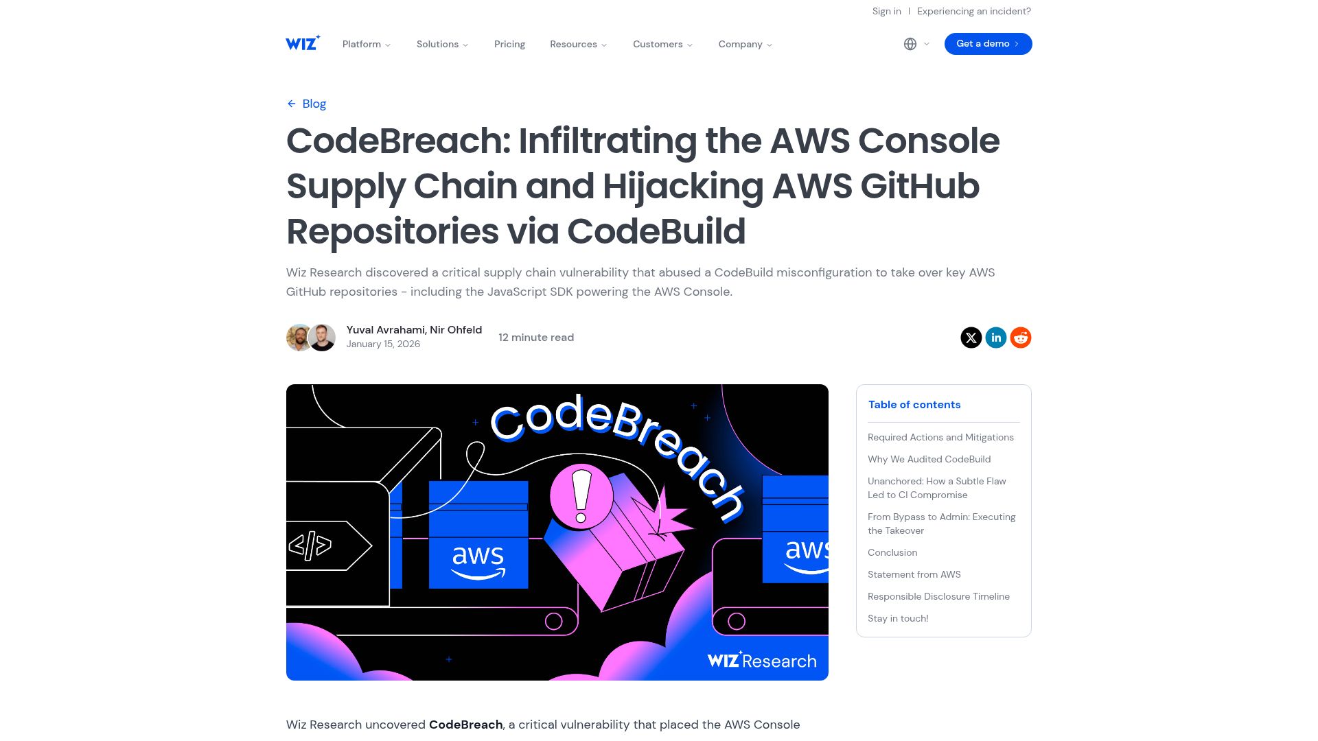 Screenshot of wiz.io: Supply Chain Vuln Compromised Core AWS GitHub Repos & Threatened the AWS Console