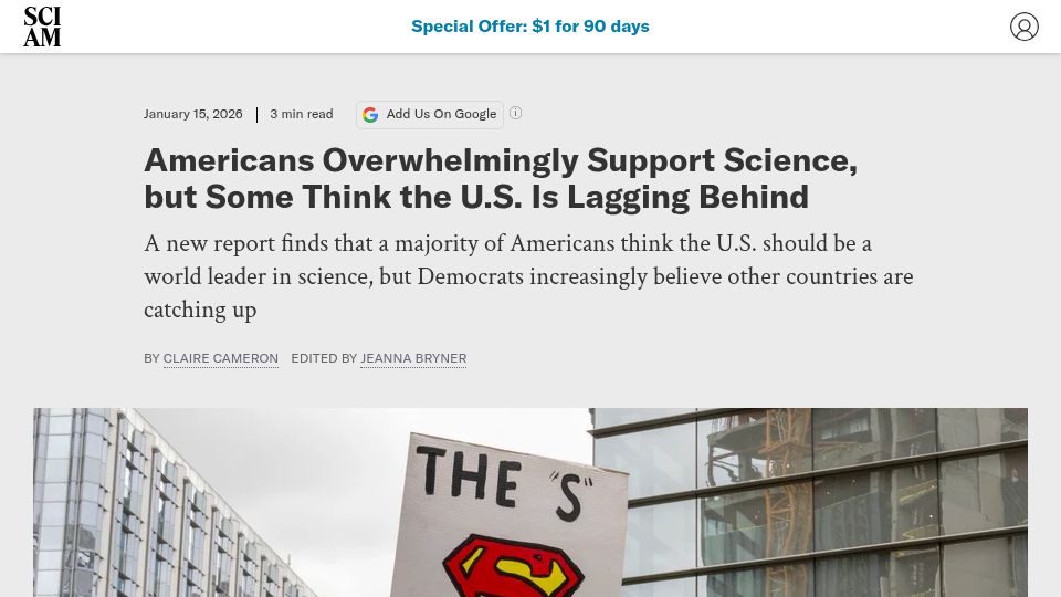 Screenshot of scientificamerican.com: Americans Overwhelmingly Support Science, but Some Think the U.S. Is Lagging