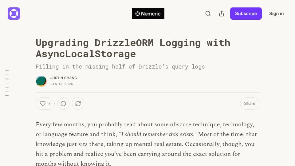 Screenshot of numeric.substack.com: Upgrading DrizzleORM logging with AsyncLocalStorage