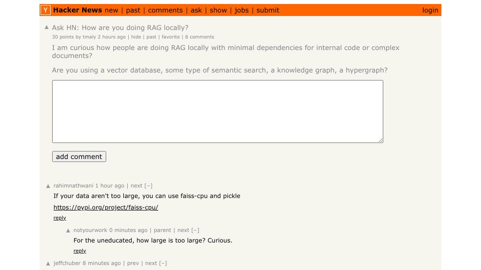 Screenshot of Hacker News post: Ask HN: How are you doing RAG locally?