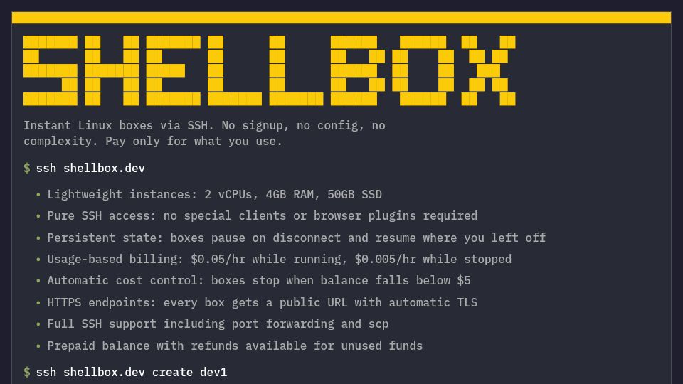 Screenshot of shellbox.dev: Linux boxes via SSH: suspended when disconected