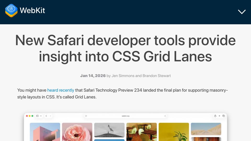 Screenshot of webkit.org: New Safari developer tools provide insight into CSS Grid Lanes