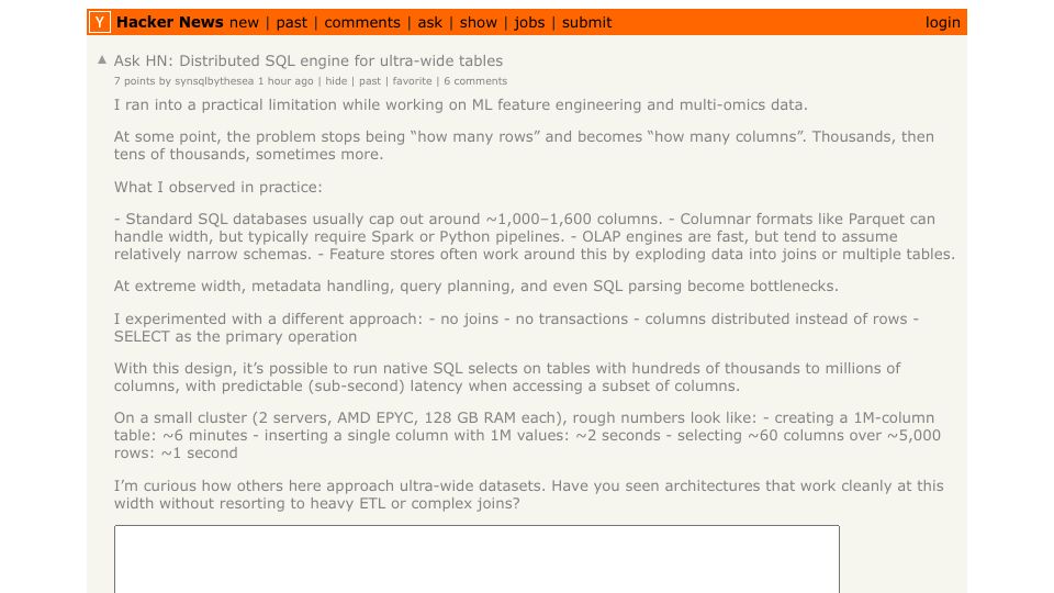 Screenshot of Hacker News post: Ask HN: Distributed SQL engine for ultra-wide tables