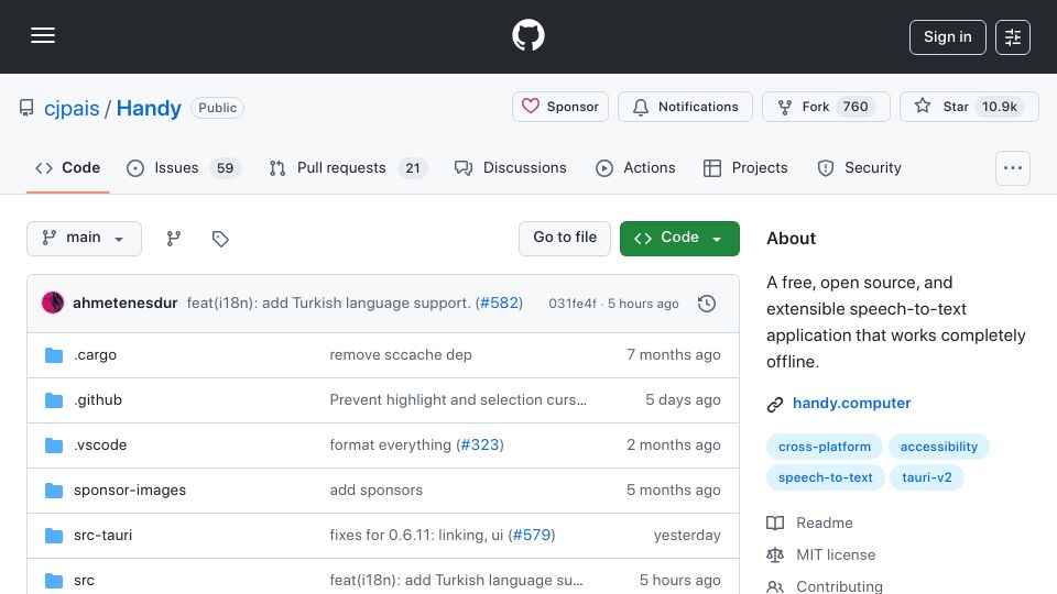Screenshot of github.com: Handy – Free open source speech-to-text app