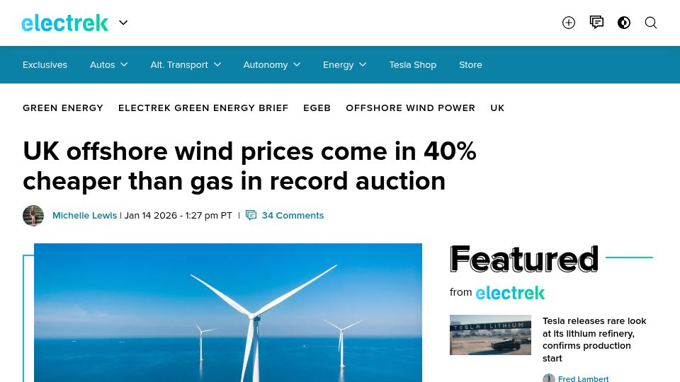 Screenshot of electrek.co: UK offshore wind prices come in 40% cheaper than gas in record auction