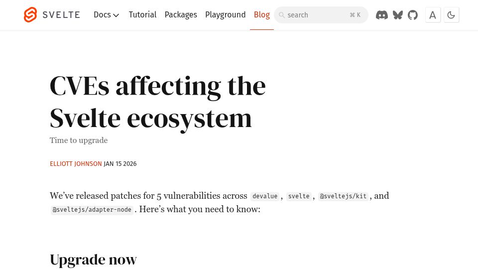 Screenshot of svelte.dev: CVEs affecting the Svelte ecosystem