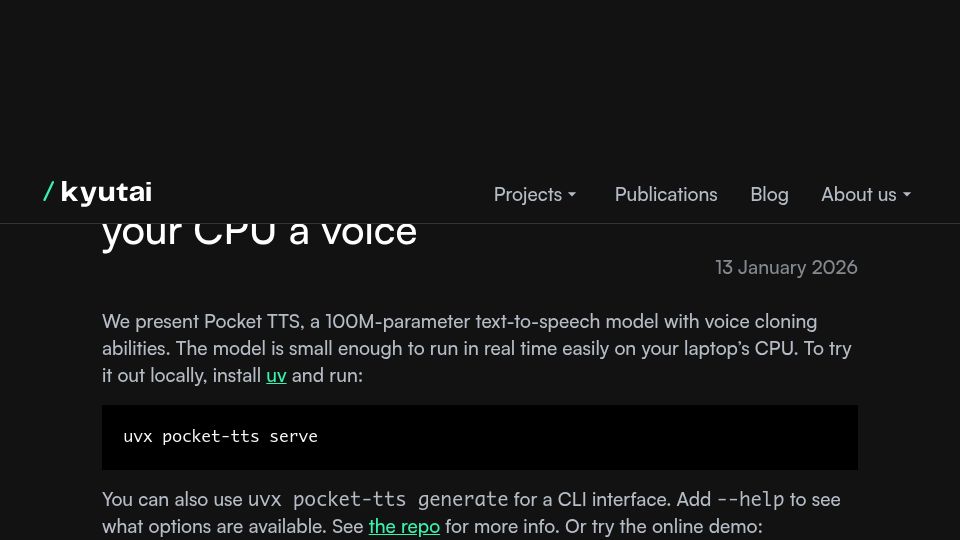 Screenshot of kyutai.org: Pocket TTS: A high quality TTS that gives your CPU a voice