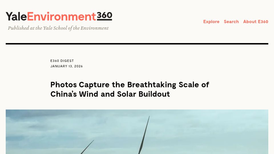 Screenshot of e360.yale.edu: Photos capture the breathtaking scale of China's wind and solar buildout