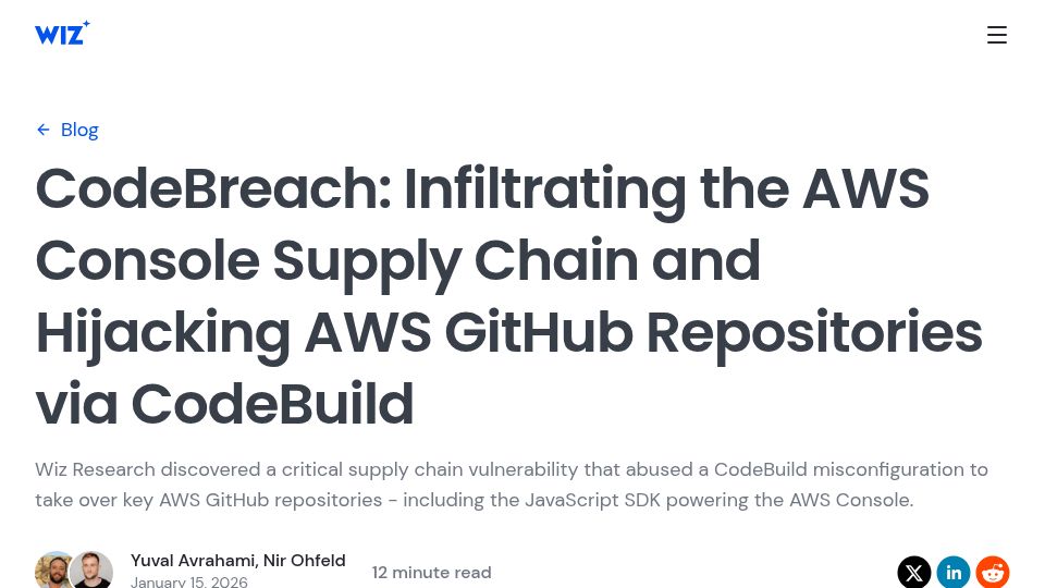 Screenshot of wiz.io: Supply Chain Vuln Compromised Core AWS GitHub Repos & Threatened the AWS Console