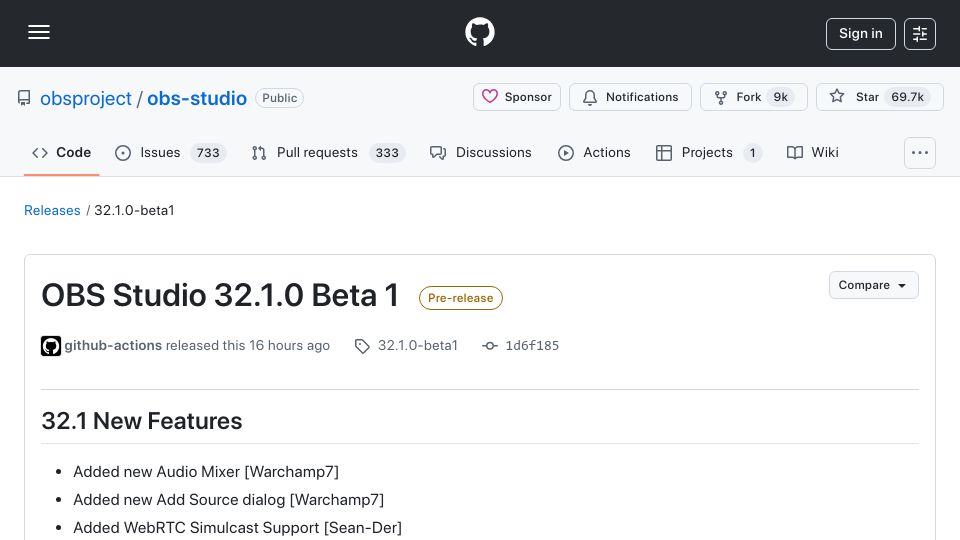Screenshot of github.com: OBS Studio 32.1.0 Beta 1 available