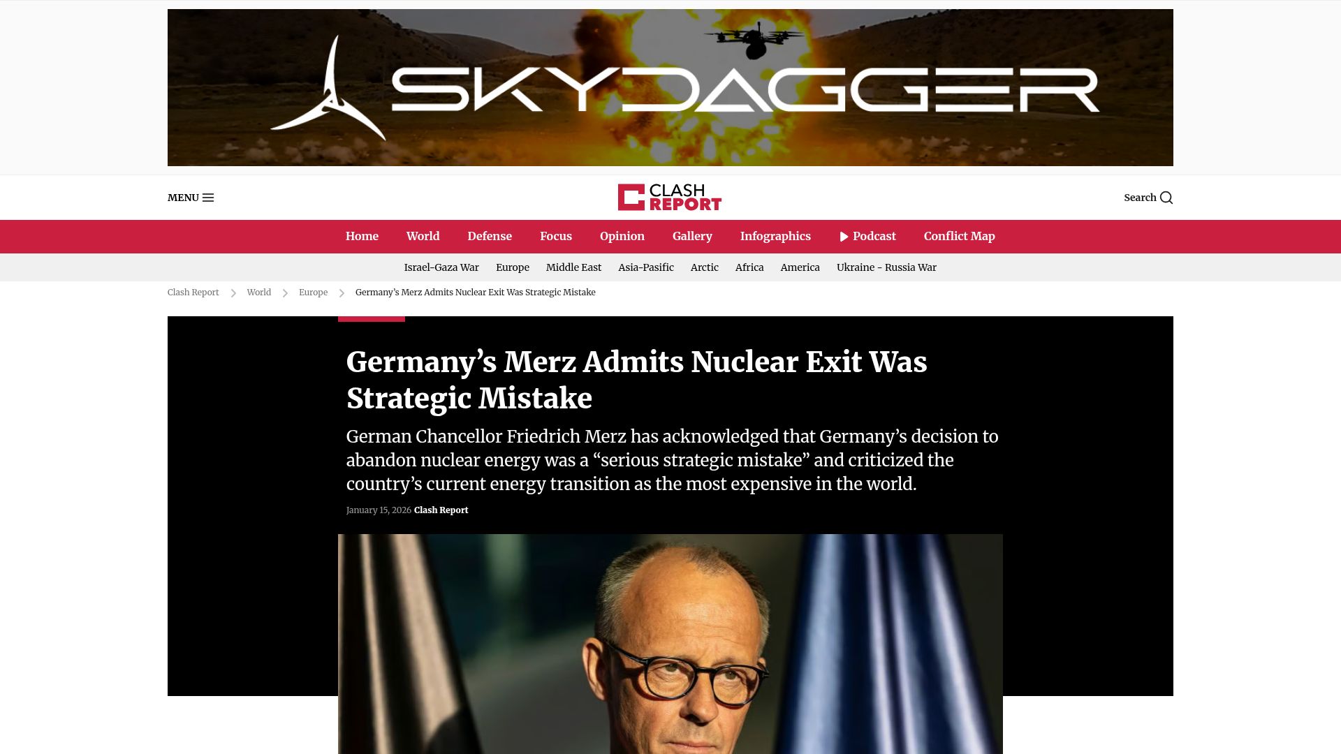 Screenshot of clashreport.com: Germany's Merz Admits Nuclear Exit Was Strategic Mistake