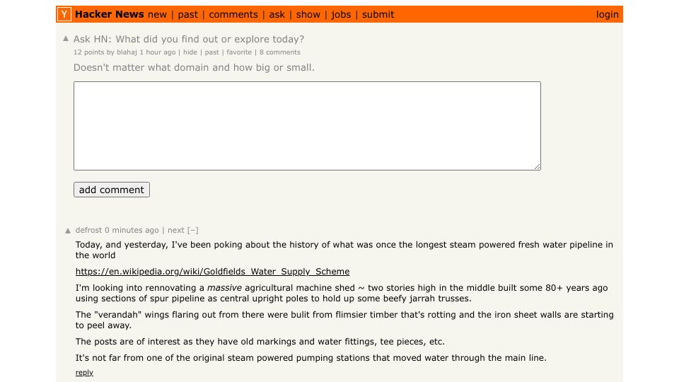 Screenshot of Hacker News post: Ask HN: What did you find out or explore today?