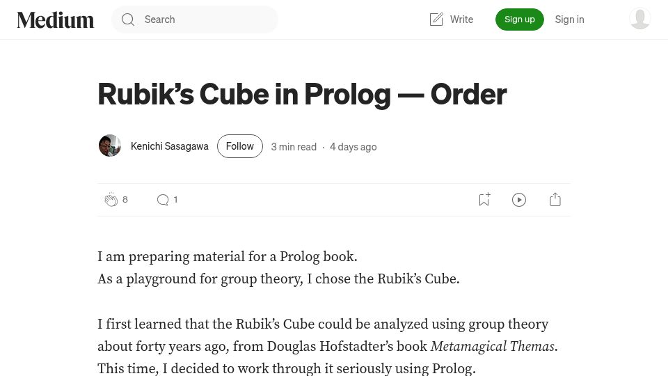 Screenshot of medium.com: Rubik's Cube in Prolog – Order
