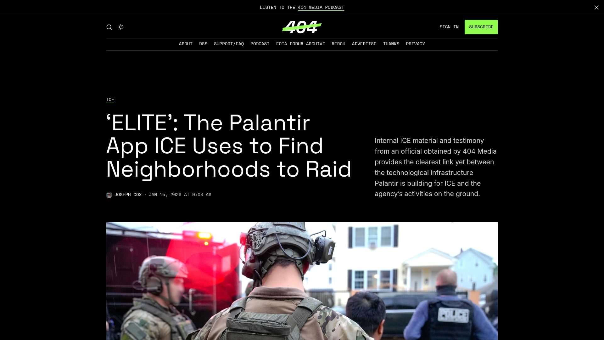 Screenshot of 404media.co: The Palantir app helping ICE raids in Minneapolis