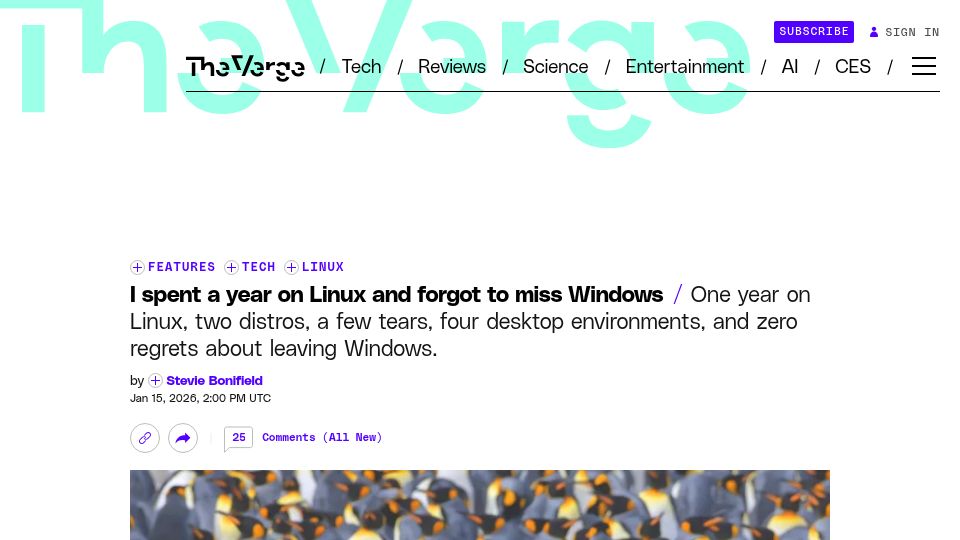 Screenshot of theverge.com: I spent a year on Linux and forgot to miss Windows