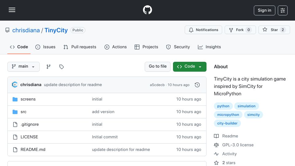 Screenshot of github.com: Show HN: TinyCity – A tiny city SIM for MicroPython (Thumby micro console)