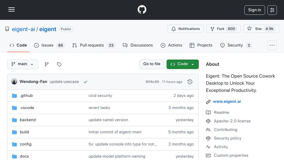 Screenshot of github.com: Eigent: An open source Claude Cowork alternative
