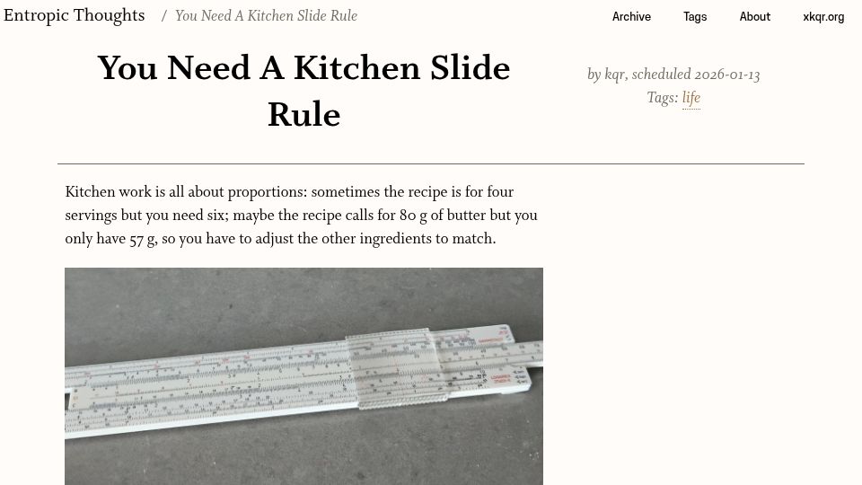 Screenshot of entropicthoughts.com: You need a kitchen slide rule