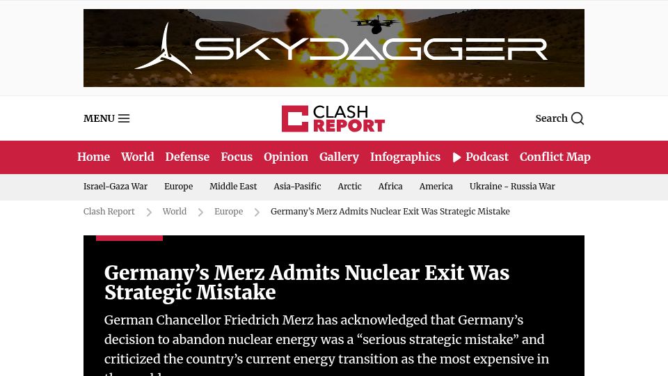 Screenshot of clashreport.com: Germany's Merz Admits Nuclear Exit Was Strategic Mistake