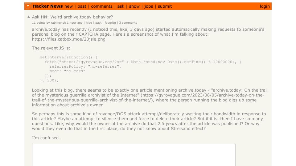 Screenshot of Hacker News post: Ask HN: Weird archive.today behavior?