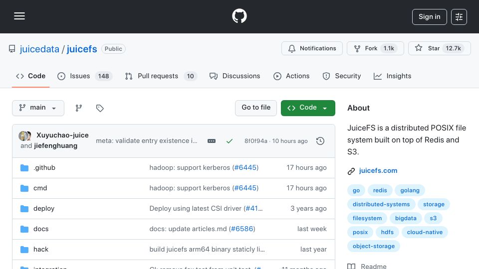 Screenshot of github.com: JuiceFS is a distributed POSIX file system built on top of Redis and S3