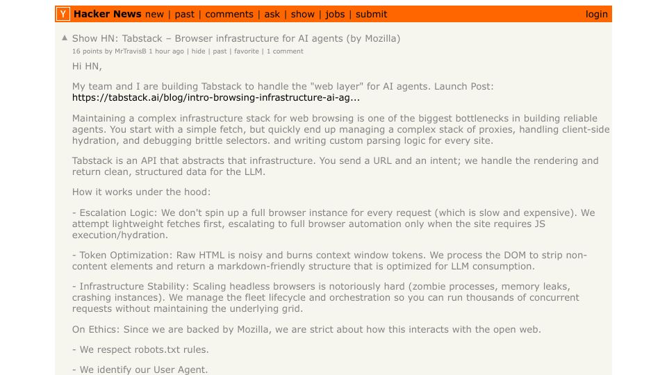 Screenshot of Hacker News post: Show HN: Tabstack – Browser infrastructure for AI agents (by Mozilla)