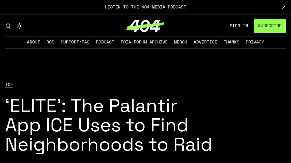 Screenshot of 404media.co: The Palantir app helping ICE raids in Minneapolis