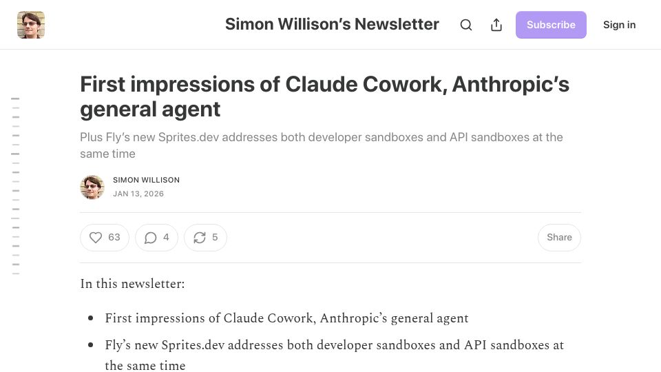 Screenshot of simonw.substack.com: First impressions of Claude Cowork