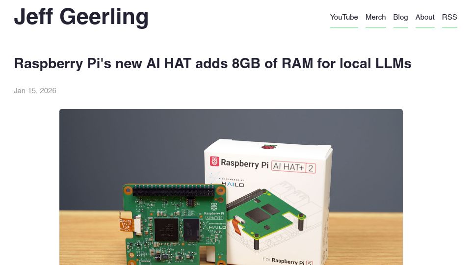 Screenshot of jeffgeerling.com: Raspberry Pi's New AI Hat Adds 8GB of RAM for Local LLMs