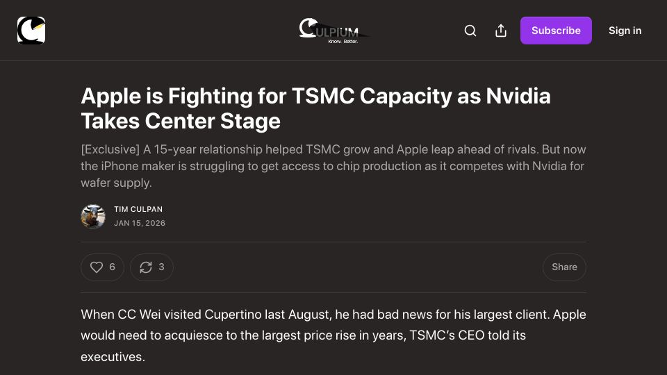 Screenshot of culpium.com: Apple is fighting for TSMC capacity as Nvidia takes center stage