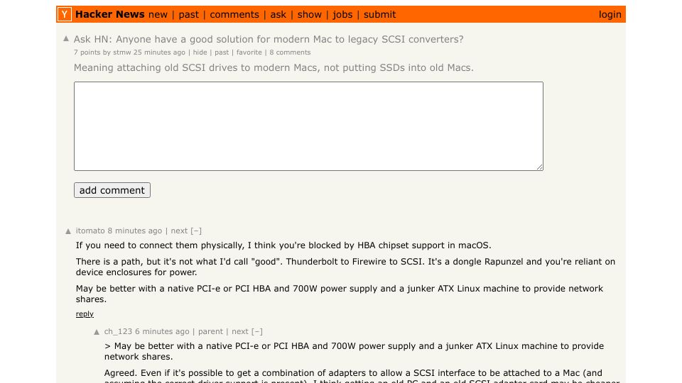 Screenshot of Hacker News post: Ask HN: Anyone have a good solution for modern Mac to legacy SCSI converters?