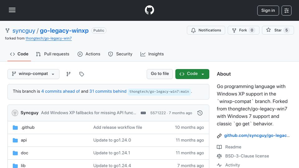 Screenshot of github.com: Go-legacy-winxp: Compile Golang 1.24 code for Windows XP