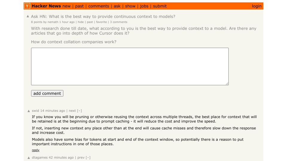 Screenshot of Hacker News post: Ask HN: What is the best way to provide continuous context to models?