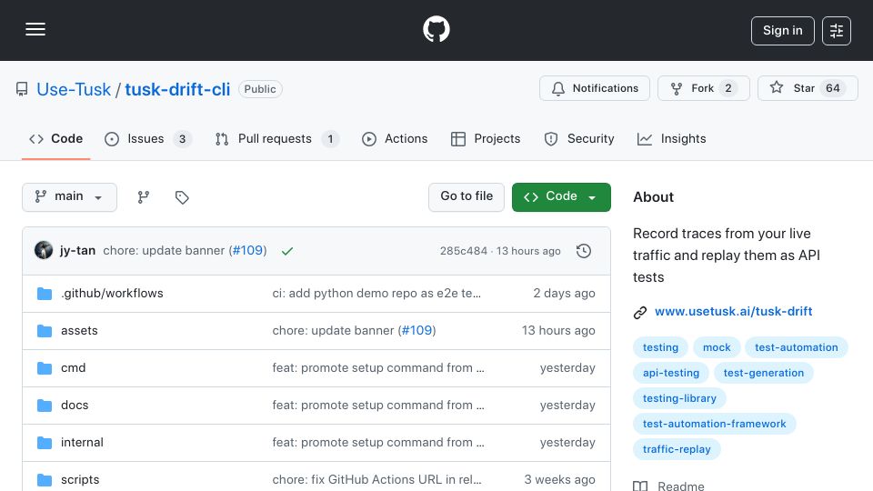 Screenshot of github.com: Show HN: Tusk Drift – Turn production traffic into API tests